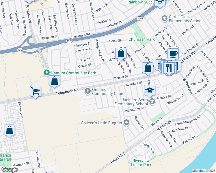 map of restaurants, bars, coffee shops, grocery stores, and more near 8373 Wabash Street in Ventura