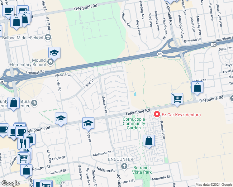 map of restaurants, bars, coffee shops, grocery stores, and more near 176 Chaucer Lane in Ventura