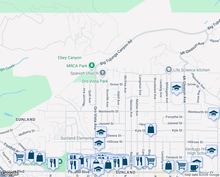map of restaurants, bars, coffee shops, grocery stores, and more near 11034 Scoville Avenue in Los Angeles
