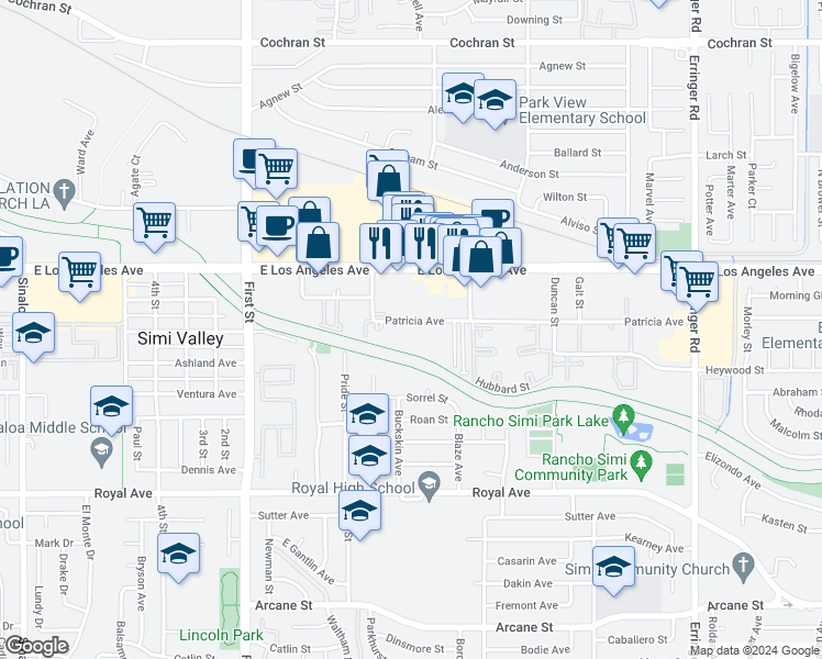 map of restaurants, bars, coffee shops, grocery stores, and more near 1378 Patricia Avenue in Simi Valley
