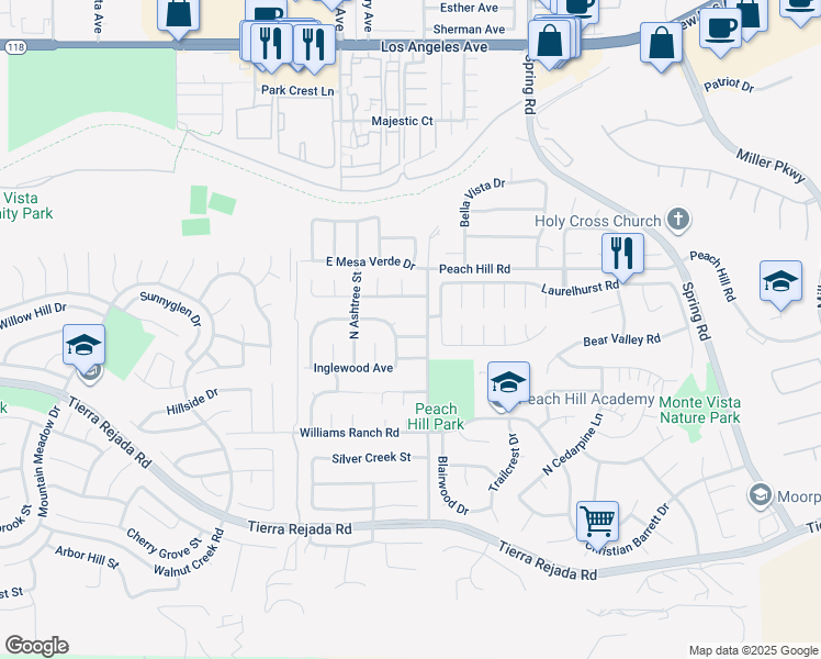 map of restaurants, bars, coffee shops, grocery stores, and more near 13133 East Annette Street in Moorpark