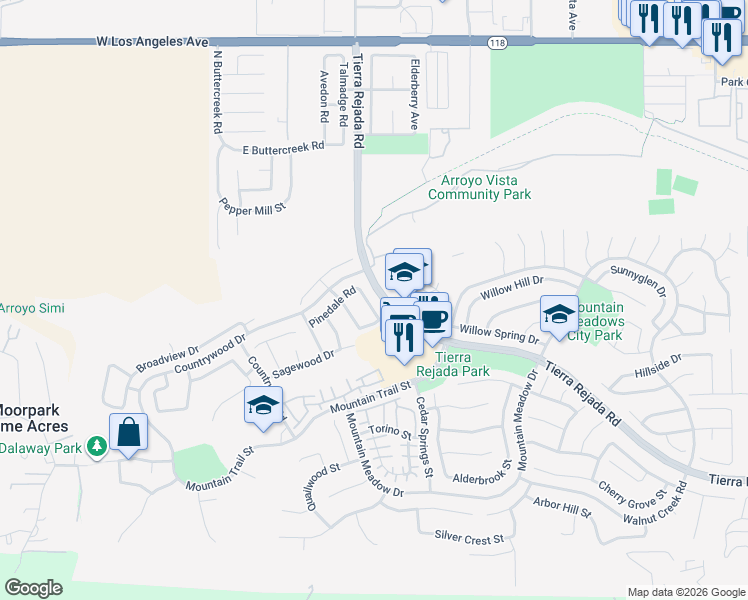 map of restaurants, bars, coffee shops, grocery stores, and more near 11757 Pinedale Road in Moorpark