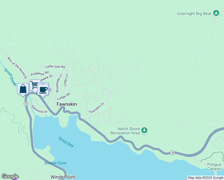 map of restaurants, bars, coffee shops, grocery stores, and more near 1125 Fawnskin Drive in Fawnskin
