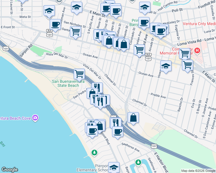 map of restaurants, bars, coffee shops, grocery stores, and more near Vista Del Mar Drive in Ventura