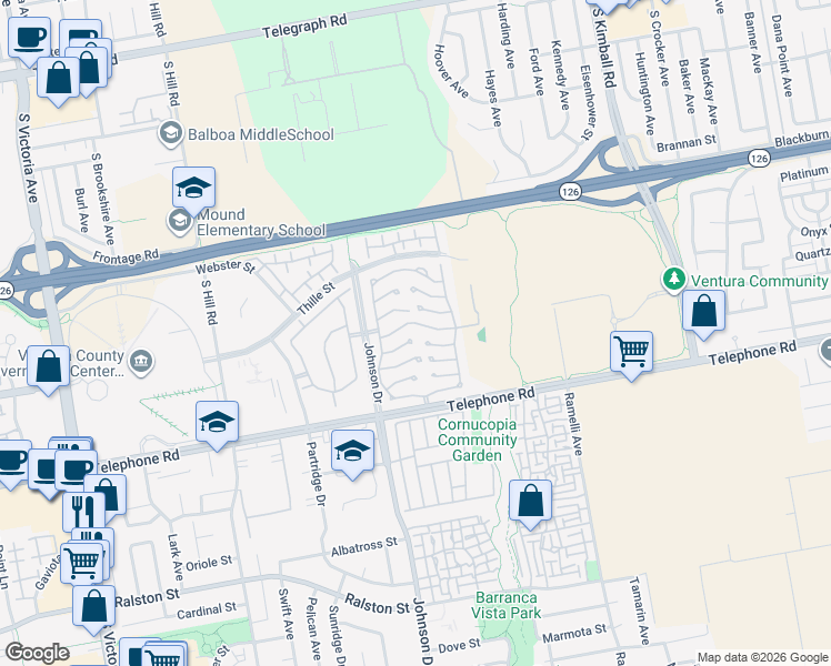 map of restaurants, bars, coffee shops, grocery stores, and more near 148 Shelley Circle in Ventura