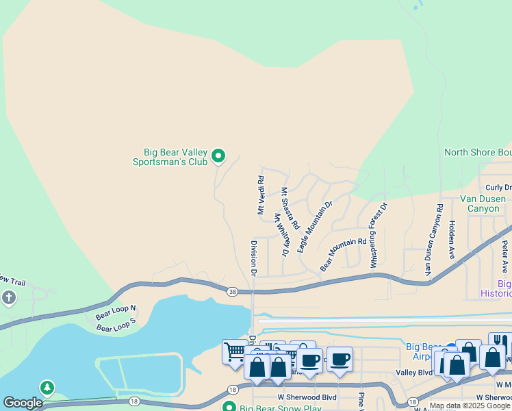 map of restaurants, bars, coffee shops, grocery stores, and more near 1091 Mount Verdi Road in Big Bear