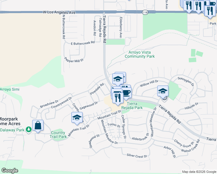 map of restaurants, bars, coffee shops, grocery stores, and more near 4368 Clearwood Road in Moorpark