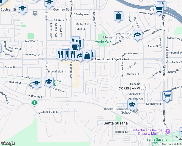 map of restaurants, bars, coffee shops, grocery stores, and more near 1791 Locust Street in Simi Valley