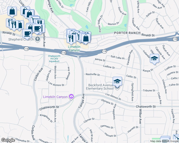 map of restaurants, bars, coffee shops, grocery stores, and more near 11016 Des Moines Avenue in Los Angeles