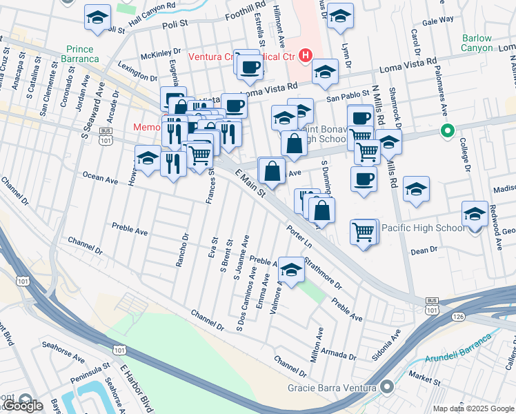 map of restaurants, bars, coffee shops, grocery stores, and more near 3007 Porter Lane in Ventura