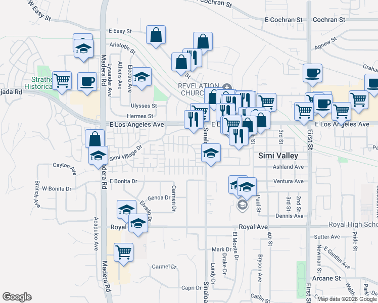 map of restaurants, bars, coffee shops, grocery stores, and more near 1838 Amberleaf Lane in Simi Valley