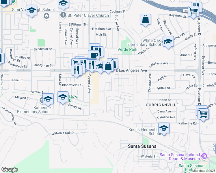 map of restaurants, bars, coffee shops, grocery stores, and more near 5932 East Los Angeles Avenue in Simi Valley
