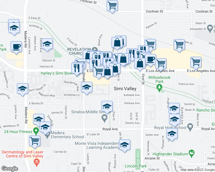 map of restaurants, bars, coffee shops, grocery stores, and more near 1742 Sinaloa Villa in Simi Valley