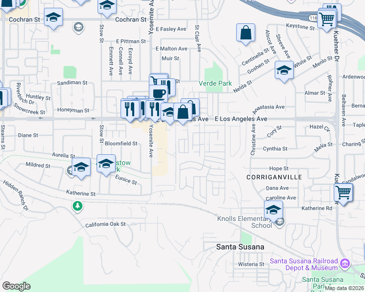 map of restaurants, bars, coffee shops, grocery stores, and more near 5932 East Los Angeles Avenue in Simi Valley
