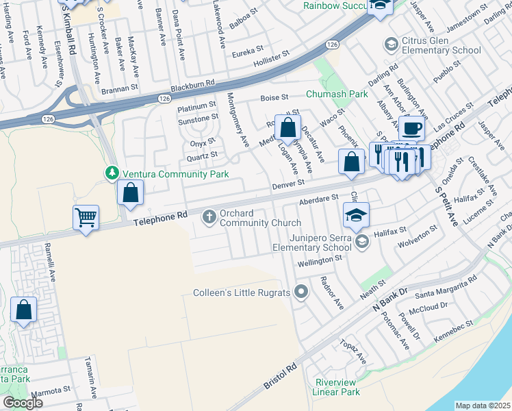 map of restaurants, bars, coffee shops, grocery stores, and more near 8373 Wabash Street in Ventura