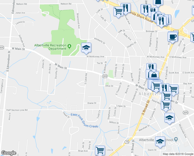map of restaurants, bars, coffee shops, grocery stores, and more near 101 Campbell Street in Albertville