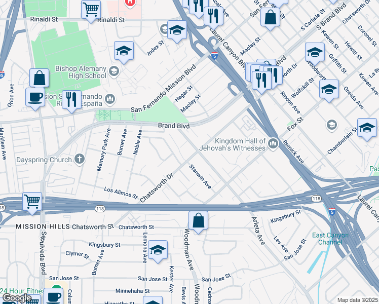 map of restaurants, bars, coffee shops, grocery stores, and more near 11035 Arleta Avenue in Los Angeles