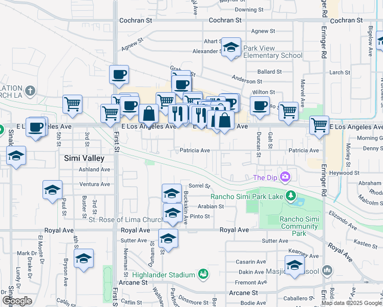 map of restaurants, bars, coffee shops, grocery stores, and more near 1335 Patricia Avenue in Simi Valley