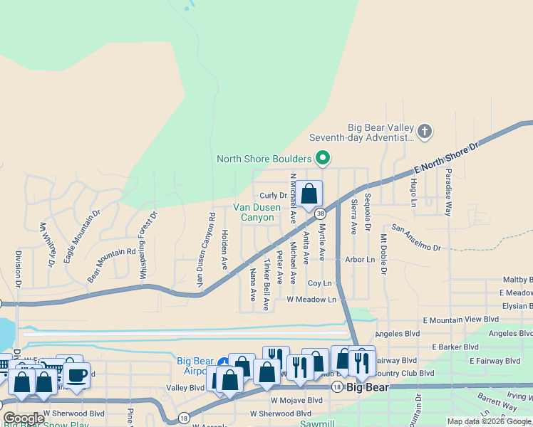 map of restaurants, bars, coffee shops, grocery stores, and more near 384 Cinderella Drive in Big Bear