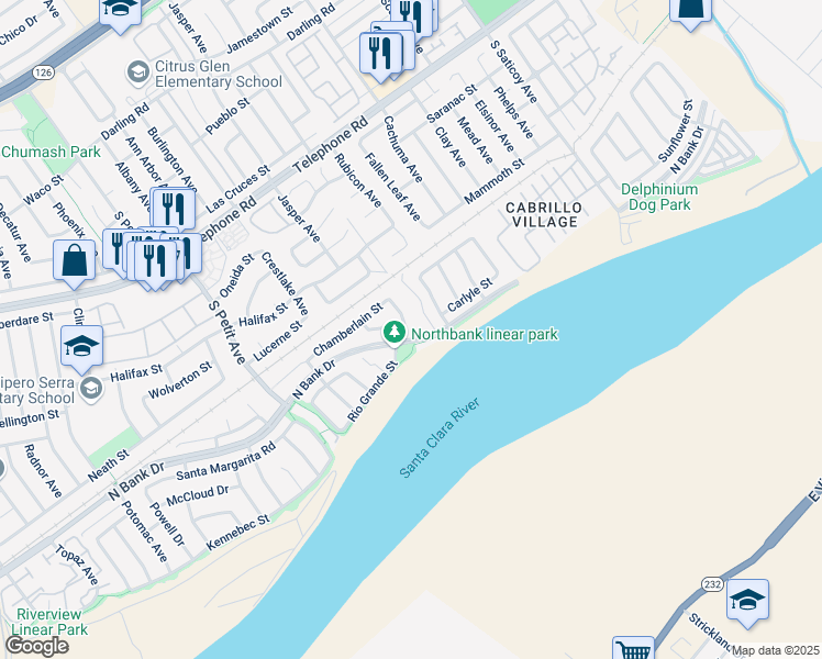 map of restaurants, bars, coffee shops, grocery stores, and more near 9898 Rhone Street in Ventura