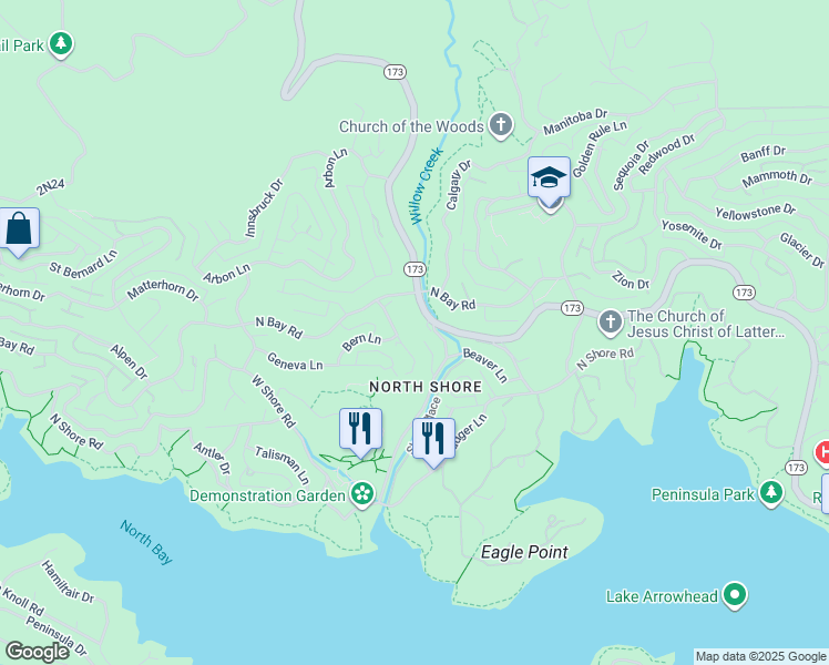 map of restaurants, bars, coffee shops, grocery stores, and more near 1042 California 173 in Lake Arrowhead