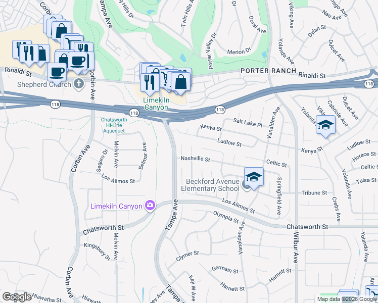 map of restaurants, bars, coffee shops, grocery stores, and more near 11016 Des Moines Avenue in Los Angeles