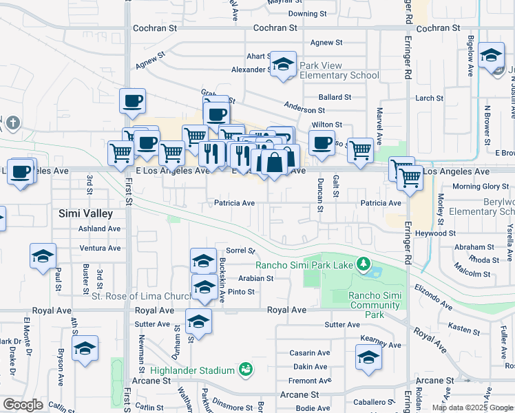 map of restaurants, bars, coffee shops, grocery stores, and more near 1439 Patricia Avenue in Simi Valley