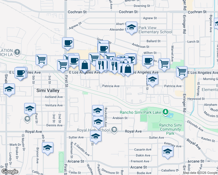 map of restaurants, bars, coffee shops, grocery stores, and more near 1335 Patricia Avenue in Simi Valley