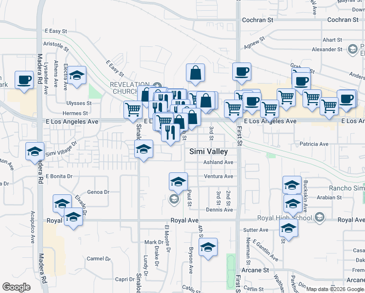 map of restaurants, bars, coffee shops, grocery stores, and more near 1880 5th Street in Simi Valley