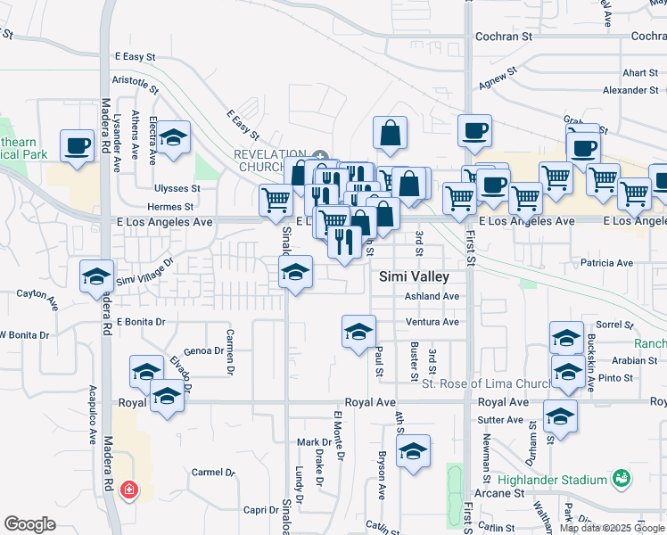 map of restaurants, bars, coffee shops, grocery stores, and more near 660 East Los Angeles Avenue in Simi Valley