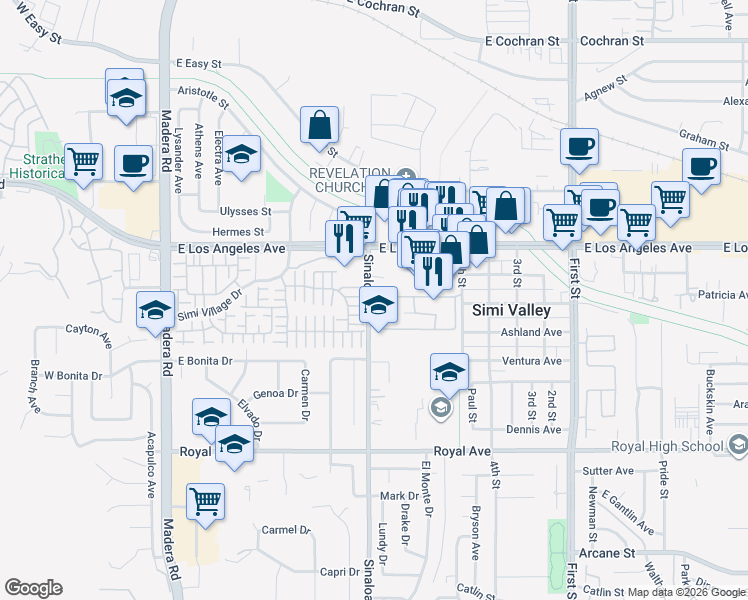 map of restaurants, bars, coffee shops, grocery stores, and more near 493 Scatterwood Lane in Simi Valley