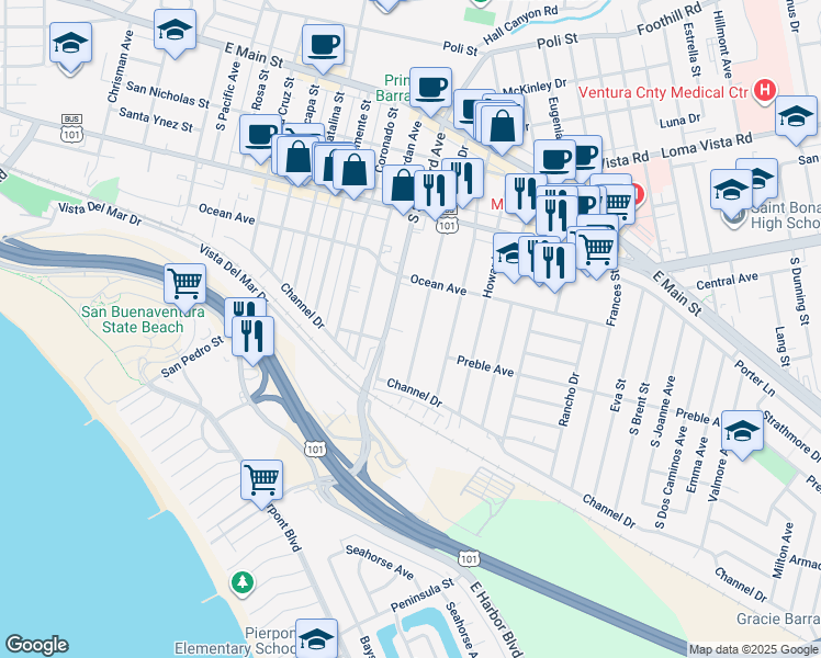 map of restaurants, bars, coffee shops, grocery stores, and more near 461 Arcade Drive in Ventura