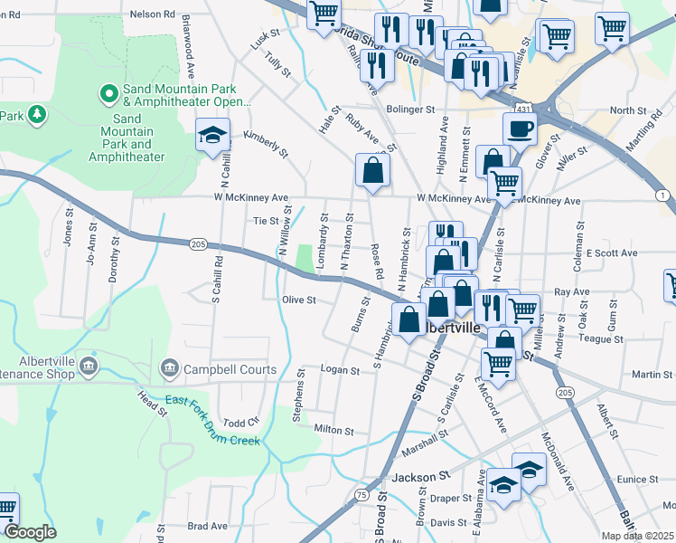 map of restaurants, bars, coffee shops, grocery stores, and more near 106 North Thaxton Street in Albertville