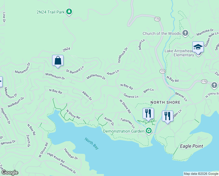 map of restaurants, bars, coffee shops, grocery stores, and more near 28001 North Bay Road in Lake Arrowhead