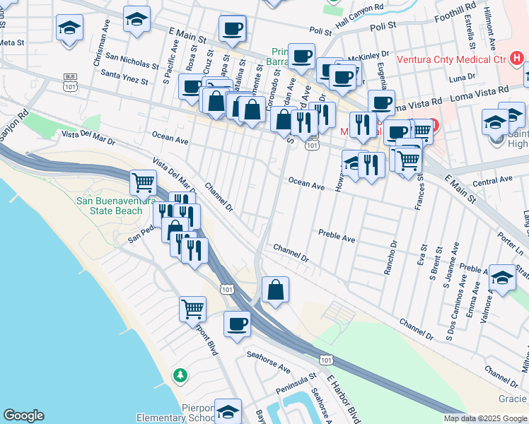 map of restaurants, bars, coffee shops, grocery stores, and more near 554 Jordan Avenue in Ventura