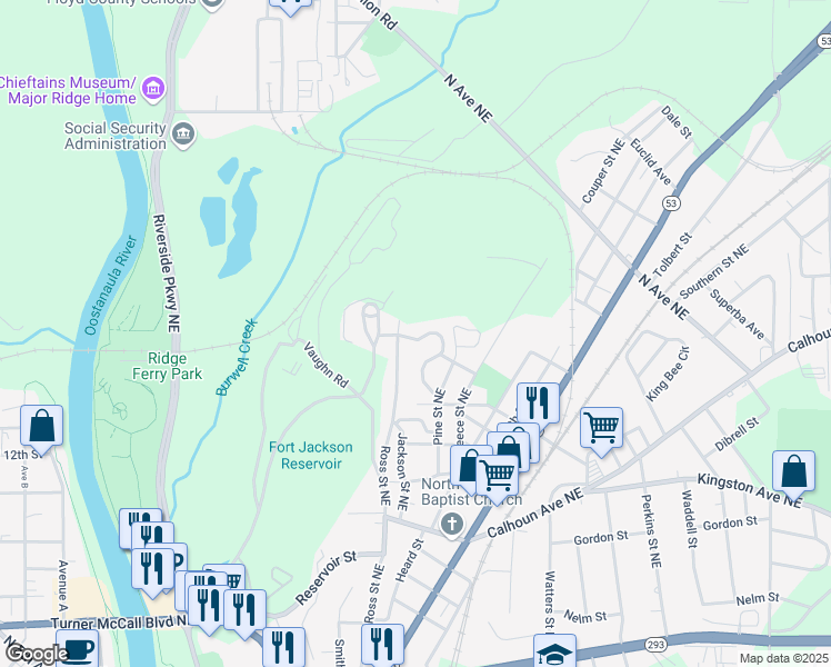 map of restaurants, bars, coffee shops, grocery stores, and more near 16 Lindberg Drive Northeast in Rome