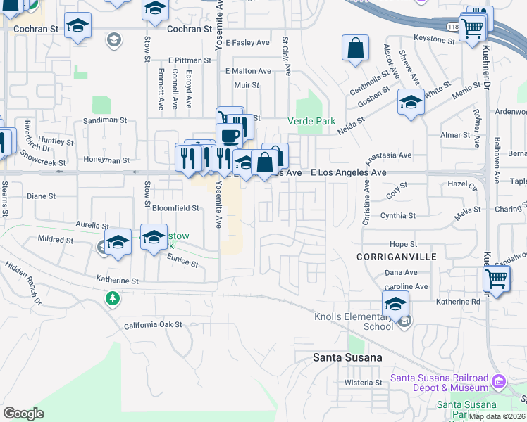map of restaurants, bars, coffee shops, grocery stores, and more near 5932 East Los Angeles Avenue in Simi Valley
