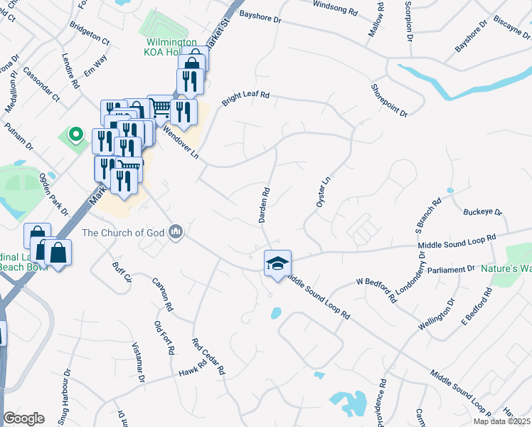 map of restaurants, bars, coffee shops, grocery stores, and more near 404 Middle Grove Lane in Wilmington