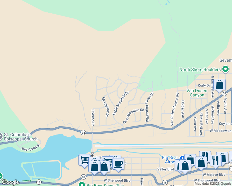map of restaurants, bars, coffee shops, grocery stores, and more near 1080 Antelope Mountain Drive in Big Bear