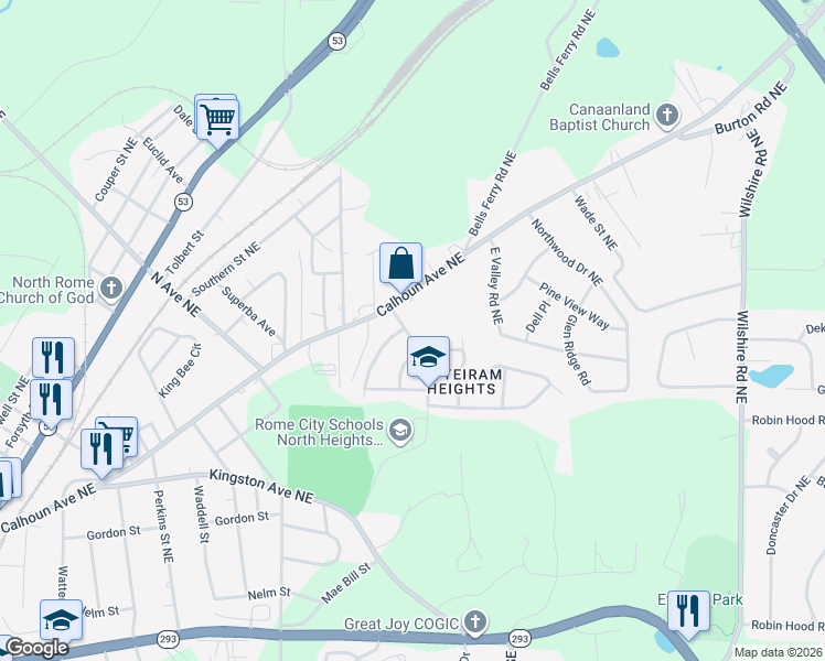 map of restaurants, bars, coffee shops, grocery stores, and more near 1120 Calhoun Avenue Northeast in Rome