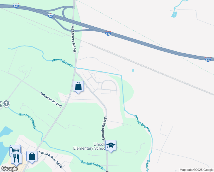 map of restaurants, bars, coffee shops, grocery stores, and more near 1905 Elsie Circle Northeast in Leland