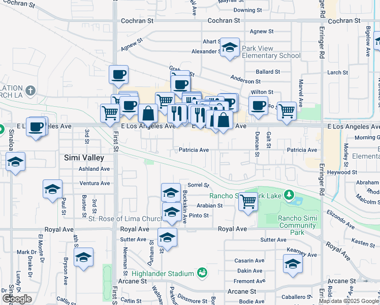 map of restaurants, bars, coffee shops, grocery stores, and more near 1380 Patricia Avenue in Simi Valley