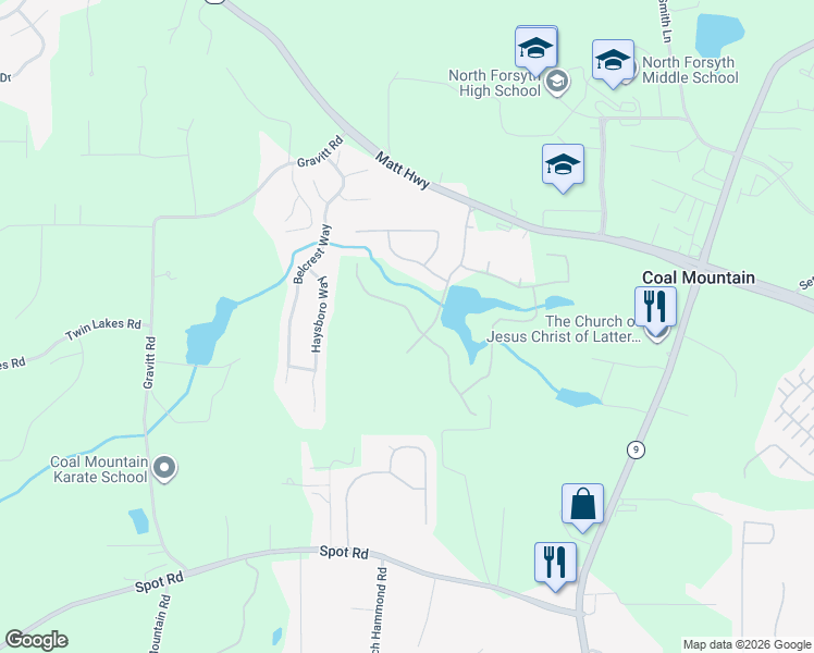 map of restaurants, bars, coffee shops, grocery stores, and more near 3575 Matt Highway in Cumming
