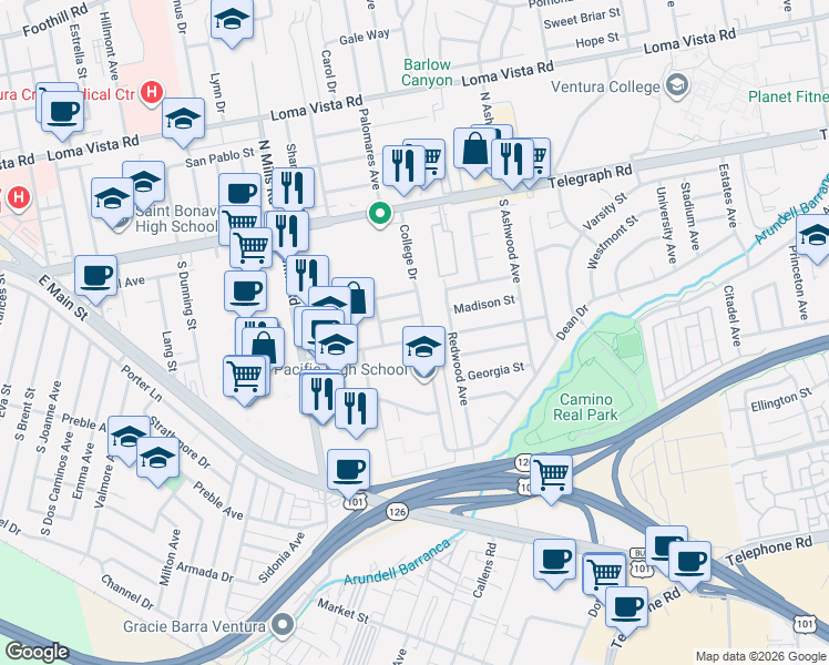 map of restaurants, bars, coffee shops, grocery stores, and more near 259 College Drive in Ventura