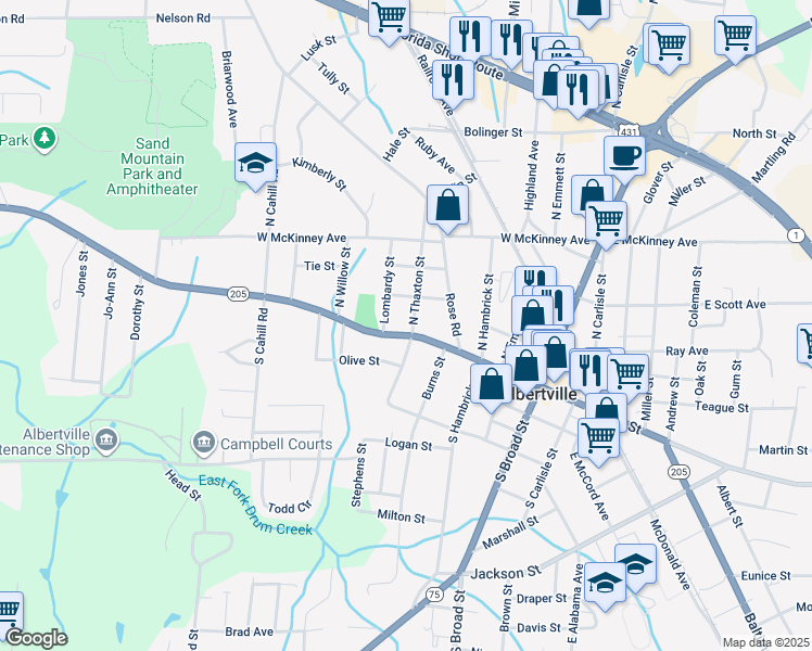 map of restaurants, bars, coffee shops, grocery stores, and more near 106 North Thaxton Street in Albertville