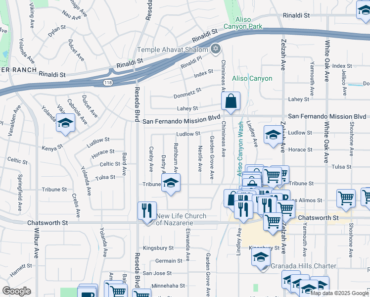 map of restaurants, bars, coffee shops, grocery stores, and more near 11028 Etiwanda Avenue in Los Angeles