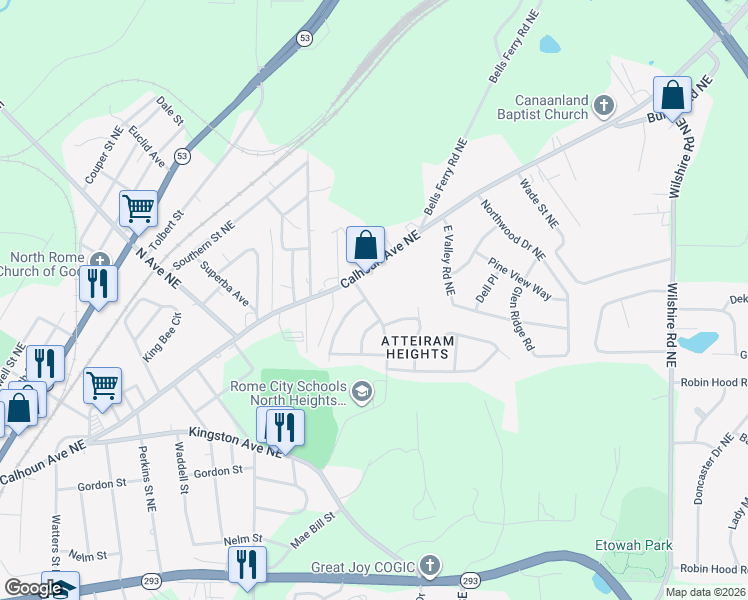 map of restaurants, bars, coffee shops, grocery stores, and more near 1120 Calhoun Avenue Northeast in Rome
