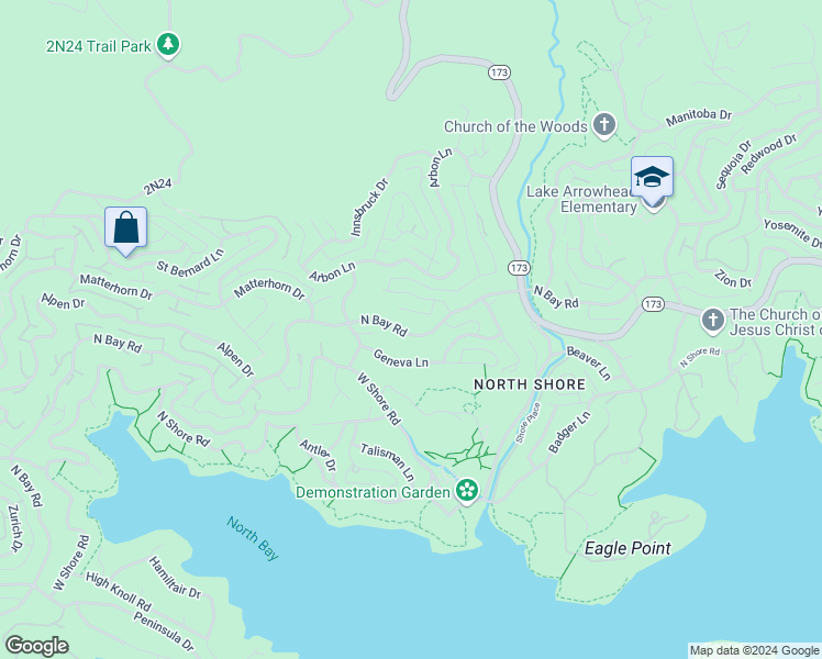 map of restaurants, bars, coffee shops, grocery stores, and more near 28164 North Bay Road in Lake Arrowhead