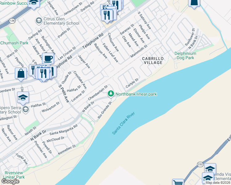 map of restaurants, bars, coffee shops, grocery stores, and more near 9898 Rhone Street in Ventura