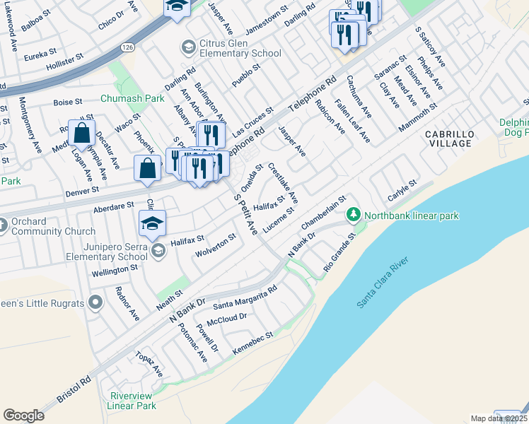 map of restaurants, bars, coffee shops, grocery stores, and more near 9542 Halifax Street in Ventura